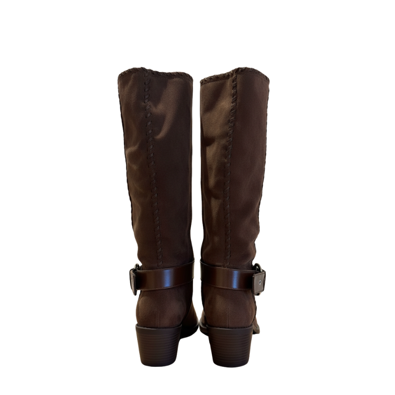 Rustic Suede Saddle Strap Knee High Boots