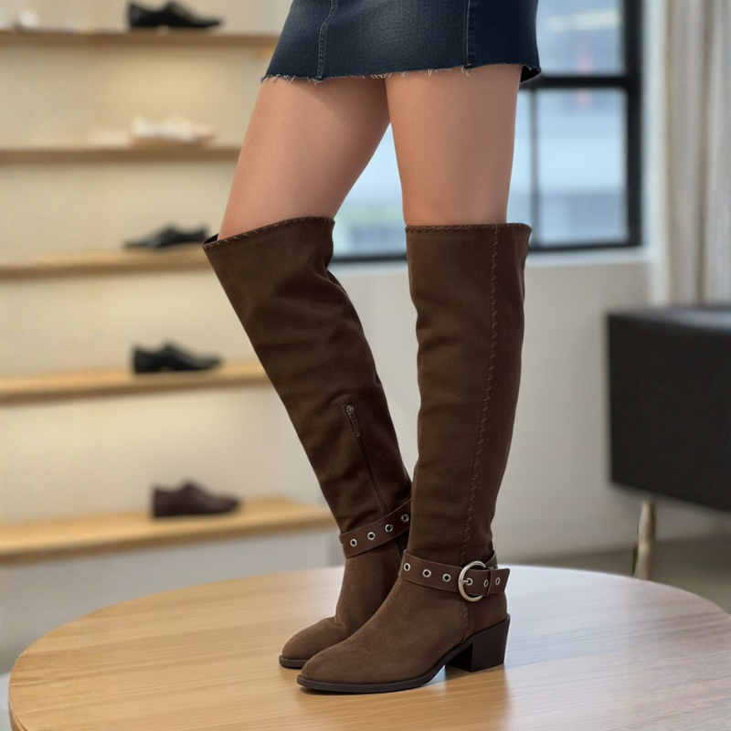 Rustic Suede Saddle Strap Knee High Boots