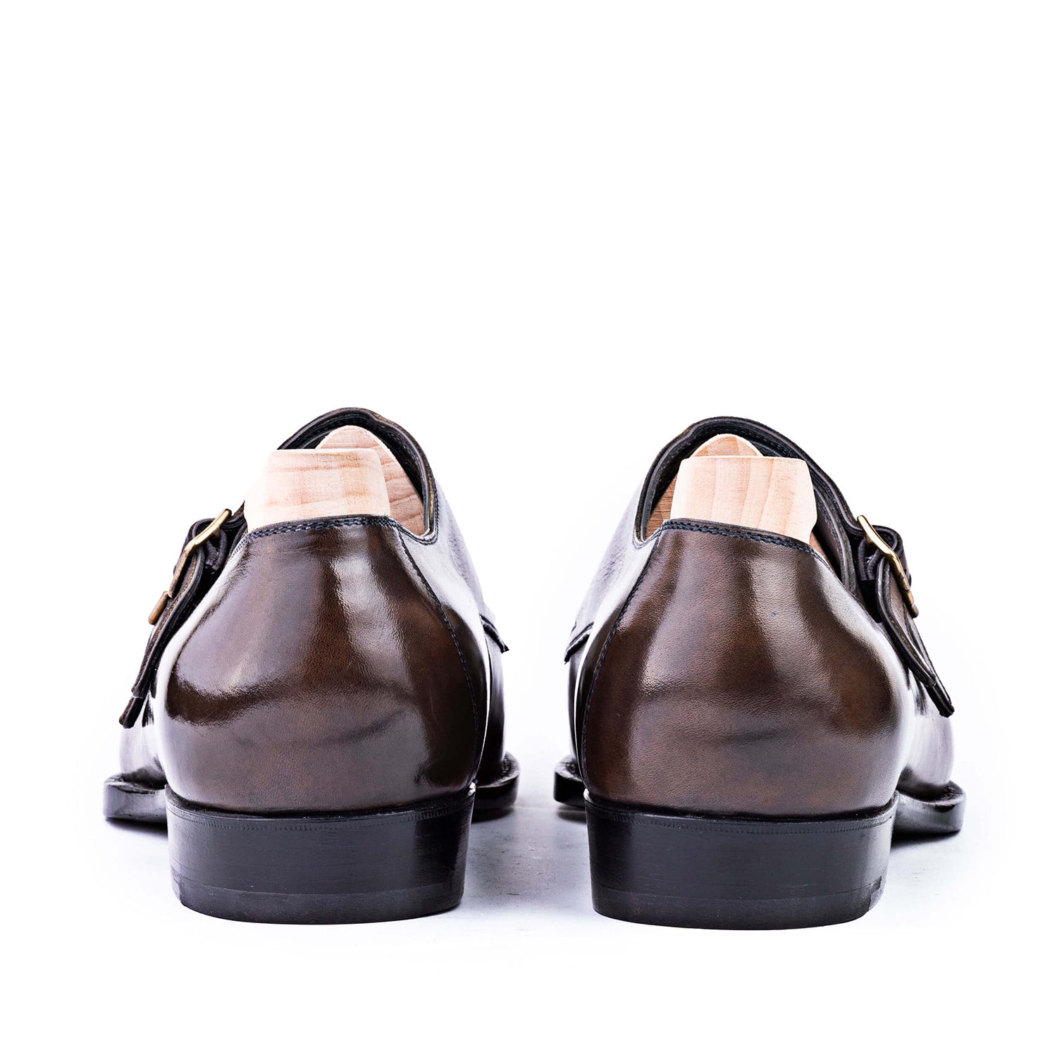 Classic Shiny Leather Double Monk Strap Dark Brown Shoe
