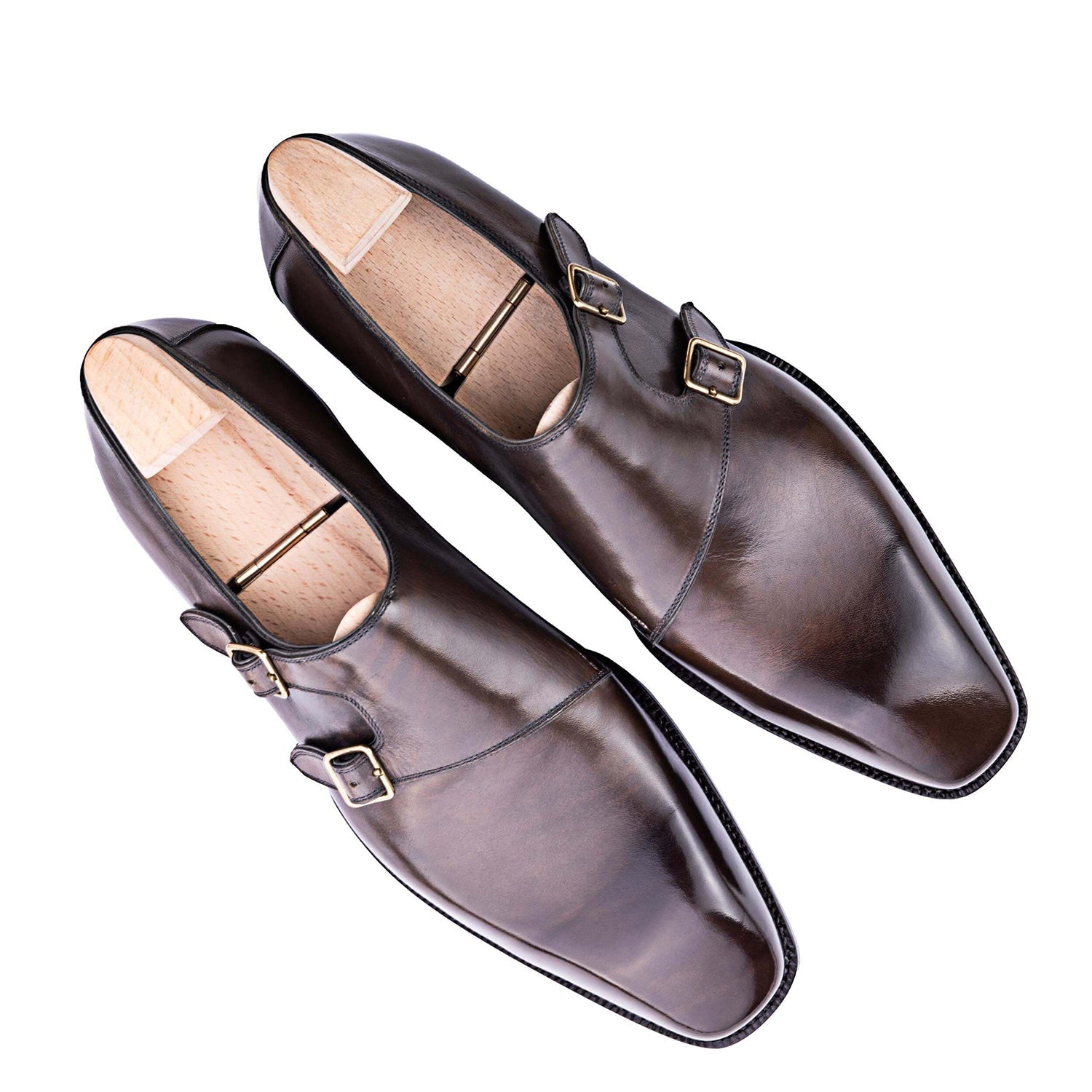 Classic Shiny Leather Double Monk Strap Tan Shoe