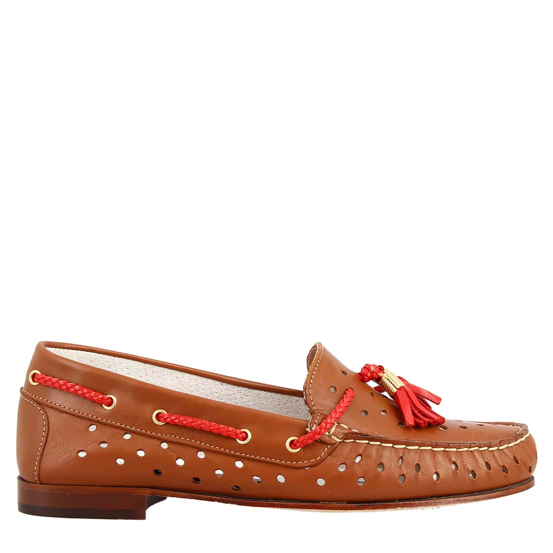 Brown Leather Women's  Perforated Loafers