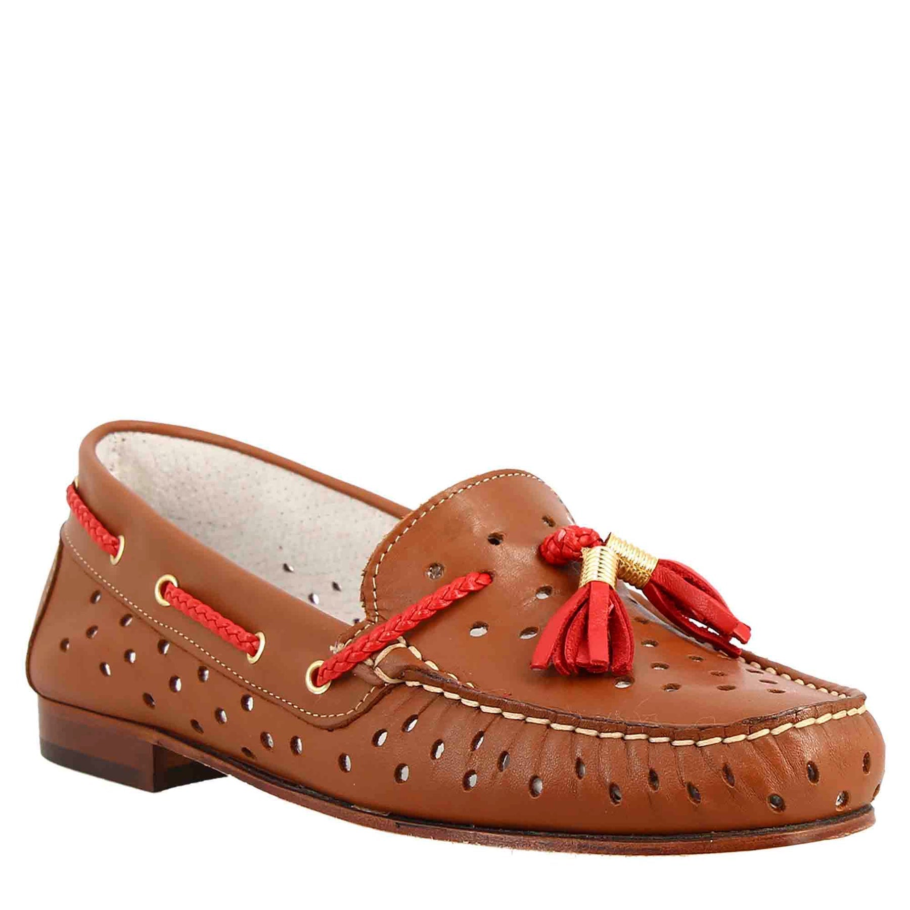 Brown Leather Women's  Perforated Loafers