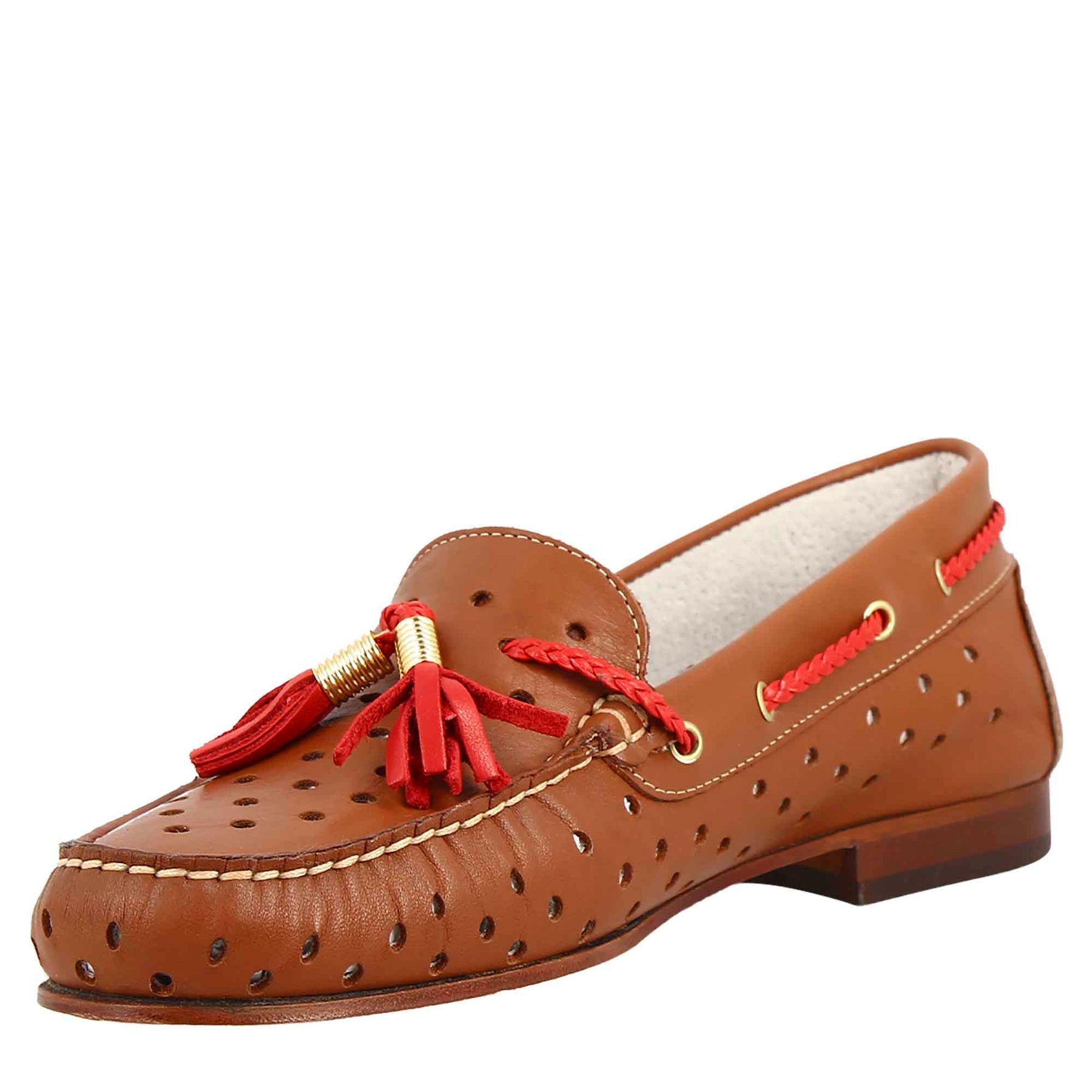 Brown Leather Women's  Perforated Loafers