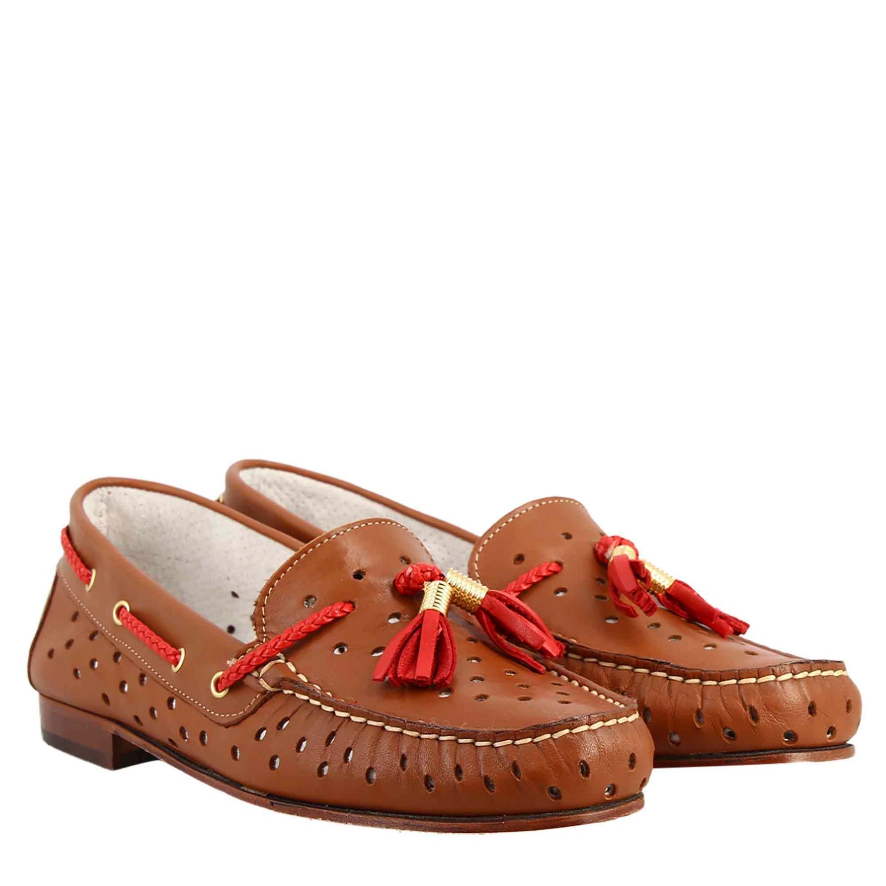 Brown Leather Women's  Perforated Loafers