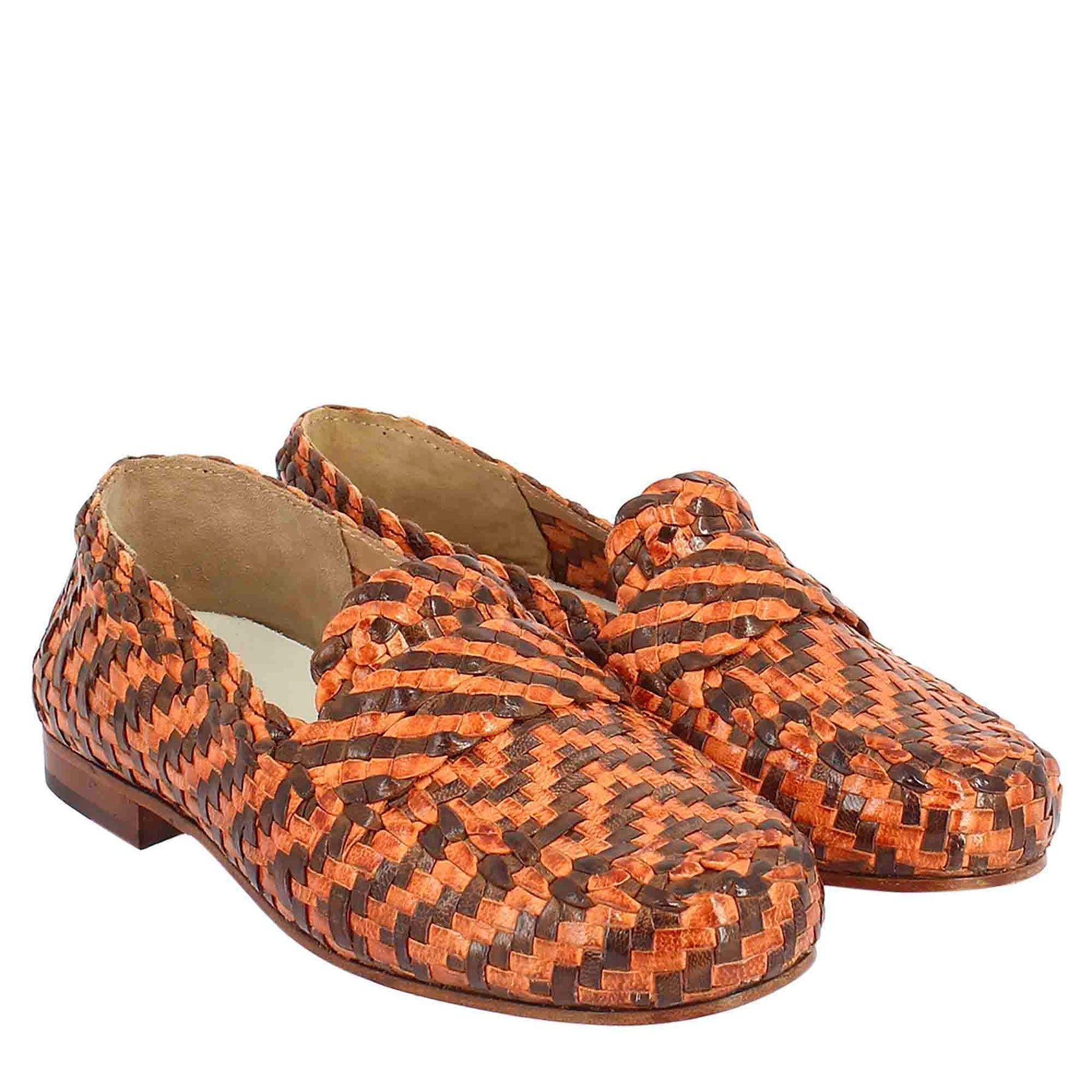 Women's Moccasins in Brown and Orange Woven Leather