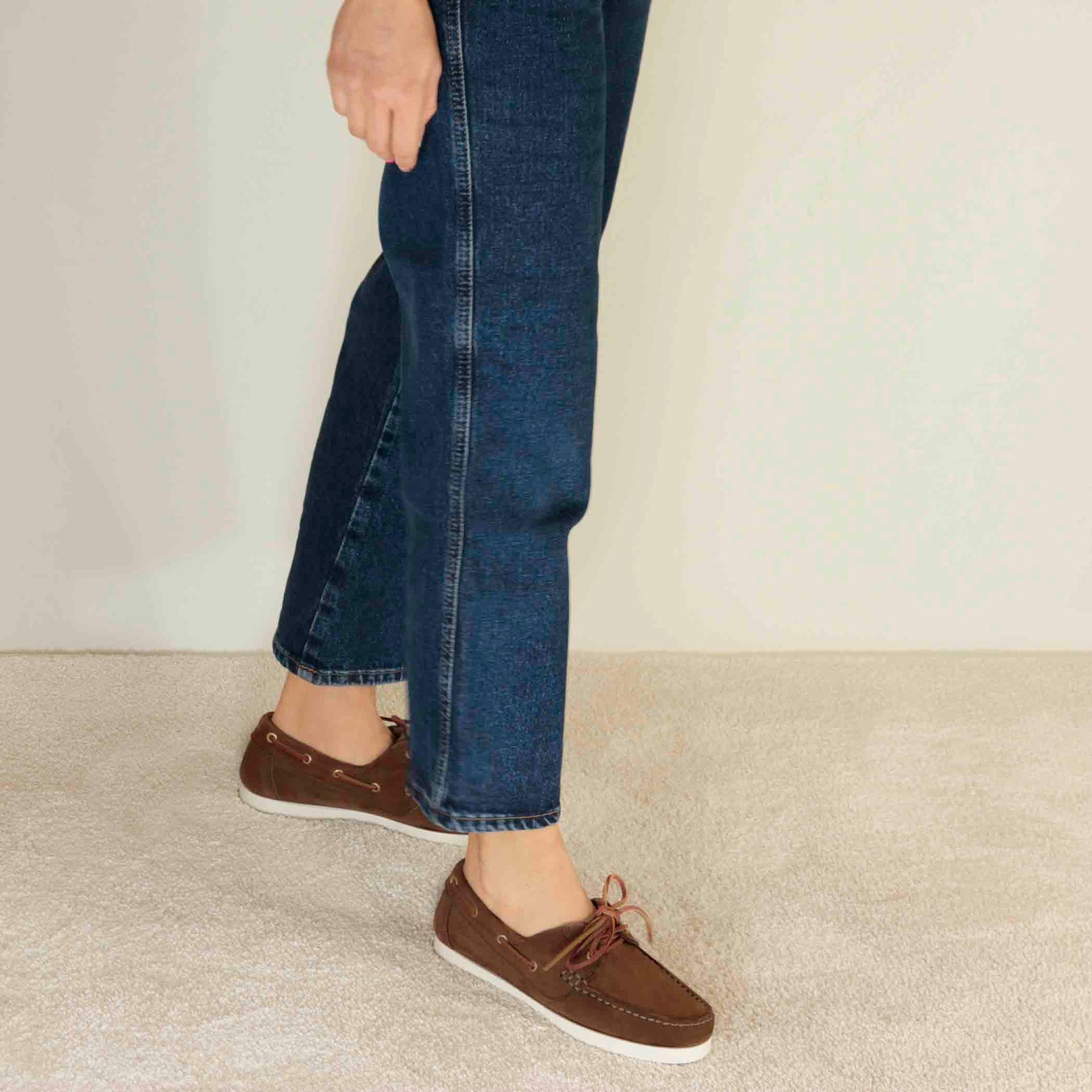 Women's boat moccasin in brown suede