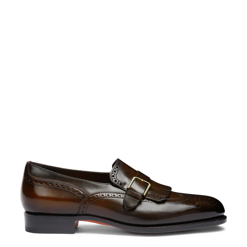 Handmade Leather Single Buckle Burgundy Loafer With Fringe