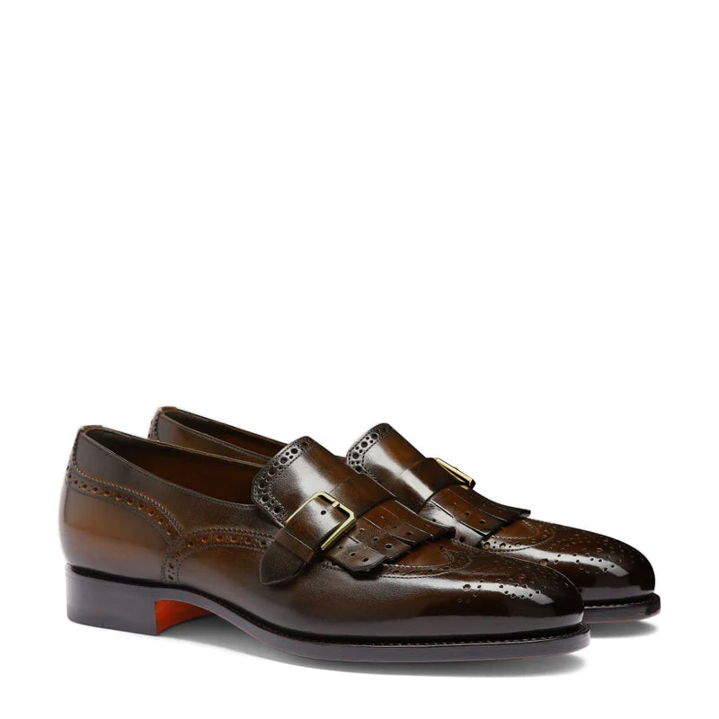 Handmade Leather Single Buckle Tan Loafer  With Fringe